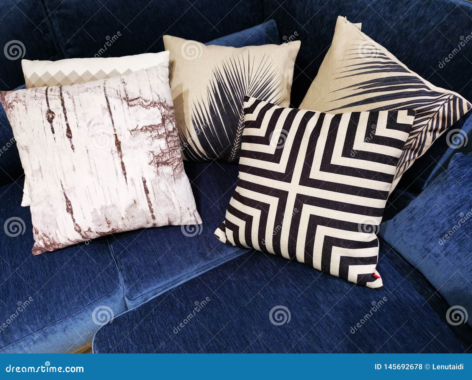 Pillows on Corner Blue Sofa Stock Photo Image of contemporary