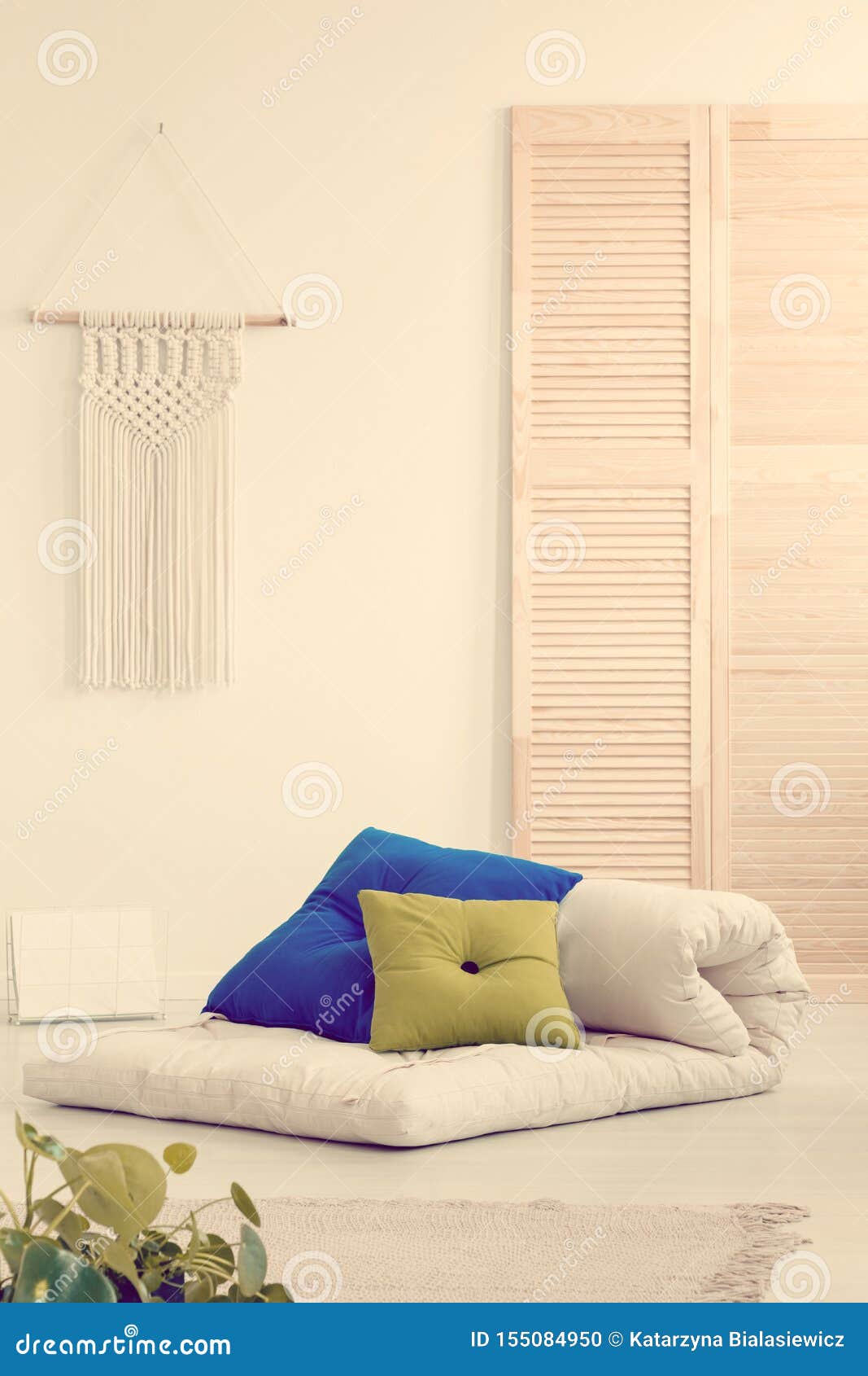 Pillows on Futon in Scandinavian Bedroom Interior Stock Photo Image