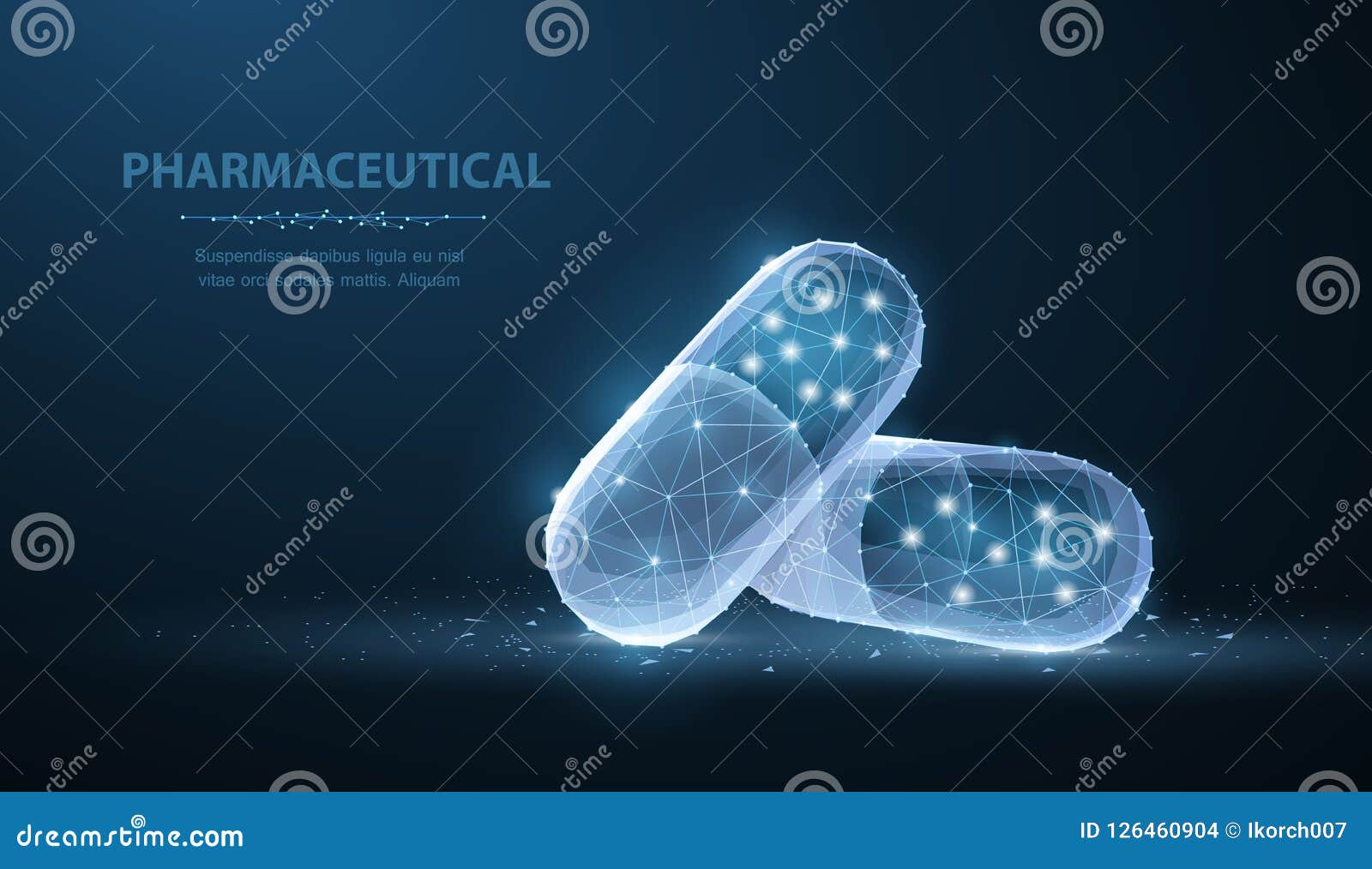 pills. abstract 3d polygonal wireframe two capsule pills on blue background with dots and stars.