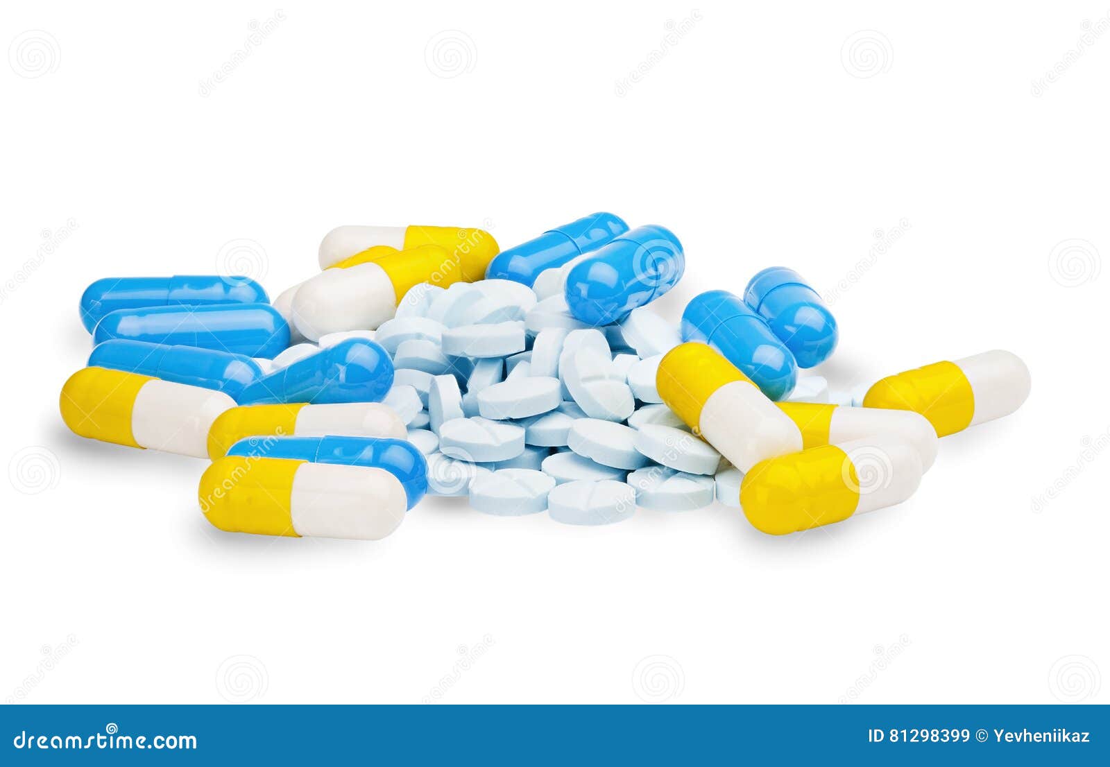 Pills Blue, Yellow and Light Blue Tablets on a Isolated White Bac Stock