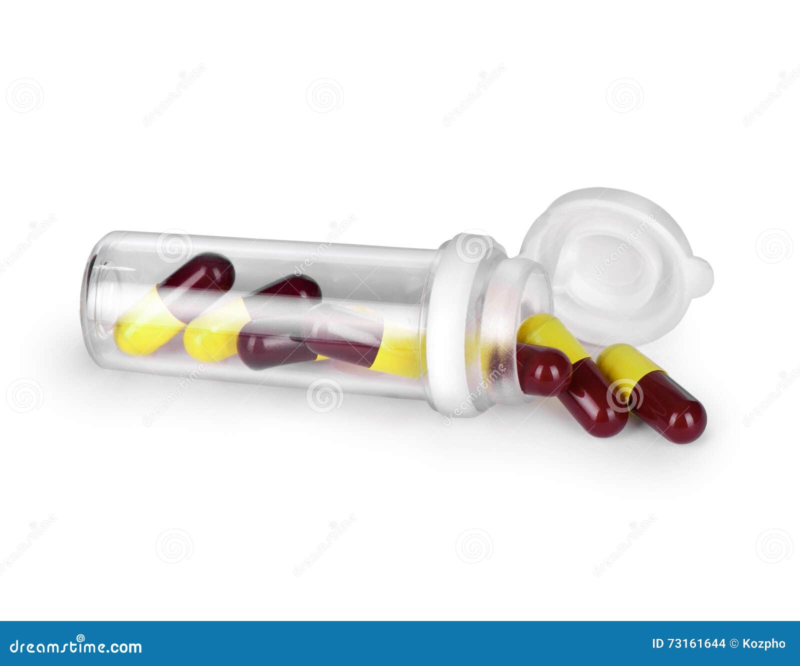 Pills Spilling Out of Pill Bottle Isolated on White Background Stock