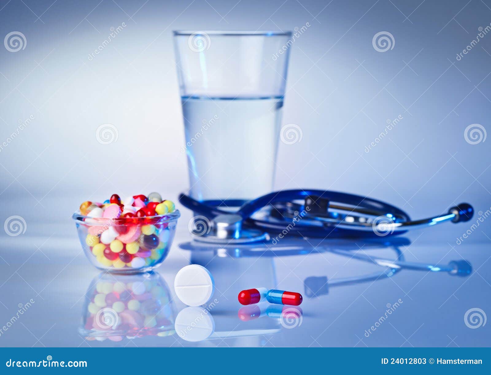 pills and tablets macro still life on white blue
