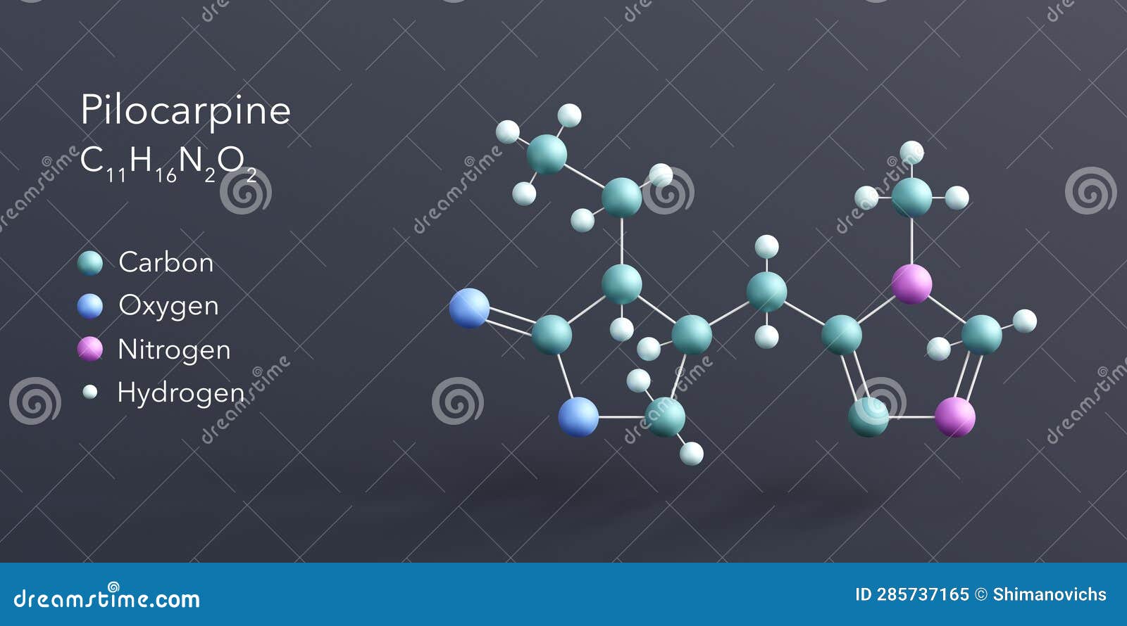 Pilocarpine Molecule 3d Rendering, Flat Molecular Structure with