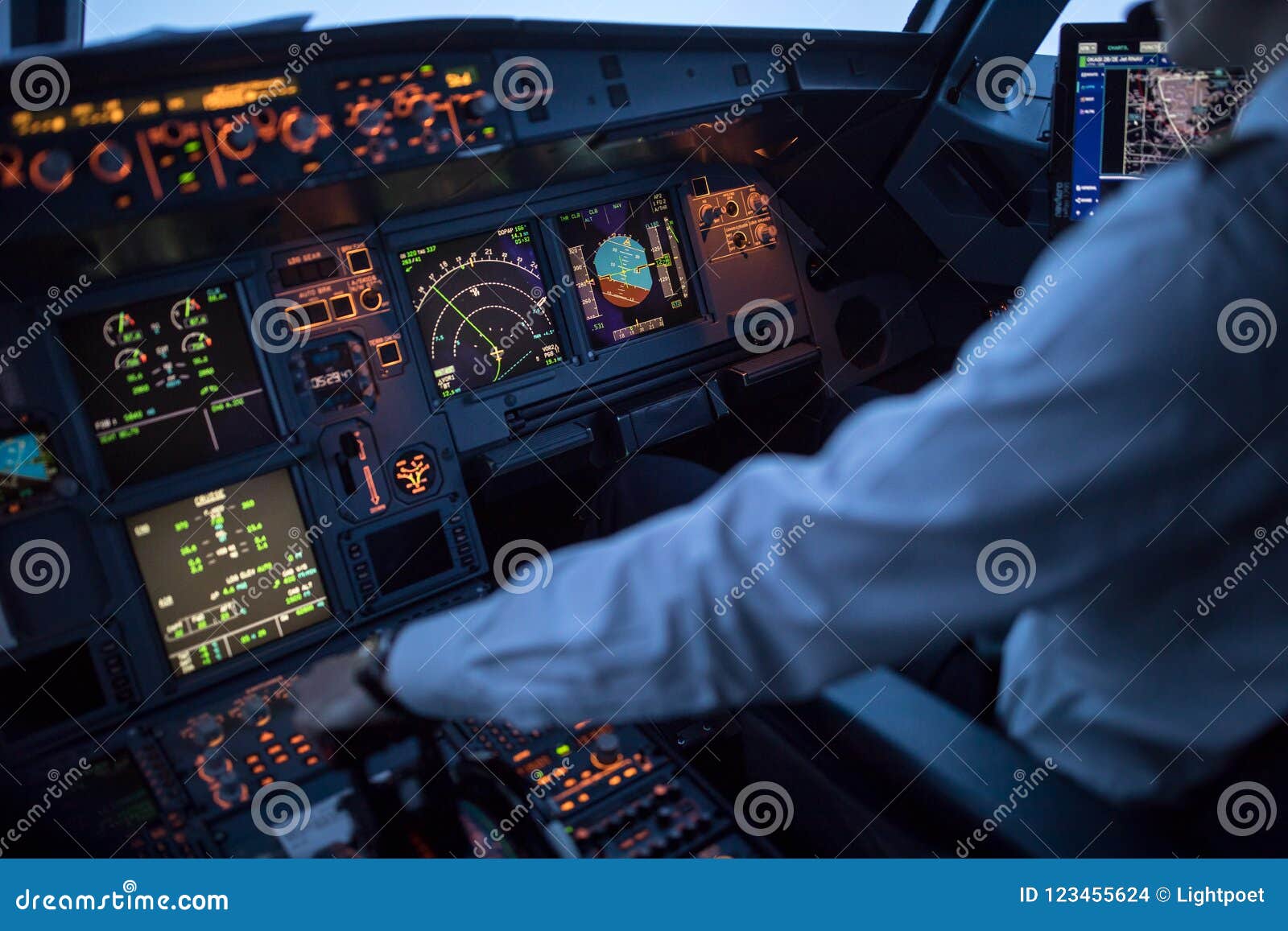 pilot`s hand accelerating on the throttle in a commercial airlineri