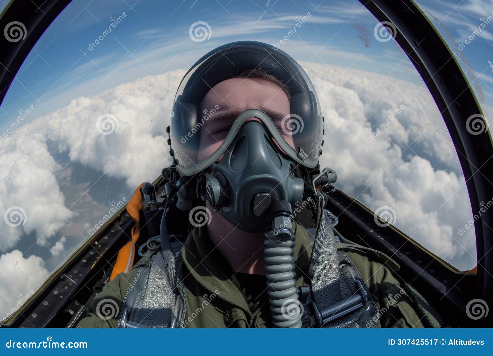 pilot wearing oxygen mask in a polluted airspace