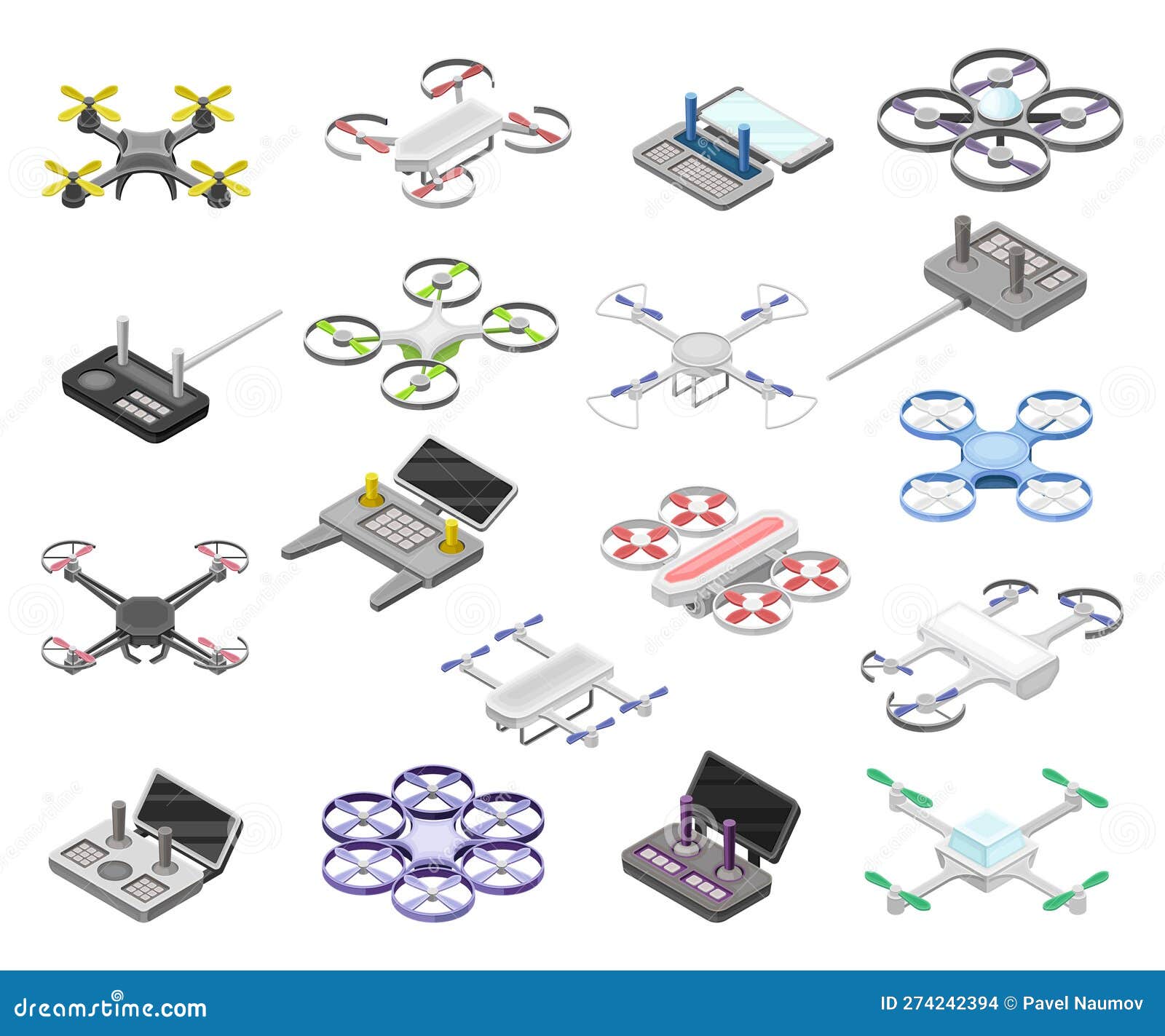 pilotless drone as aerial vehicle and remote control panel isometric big  set