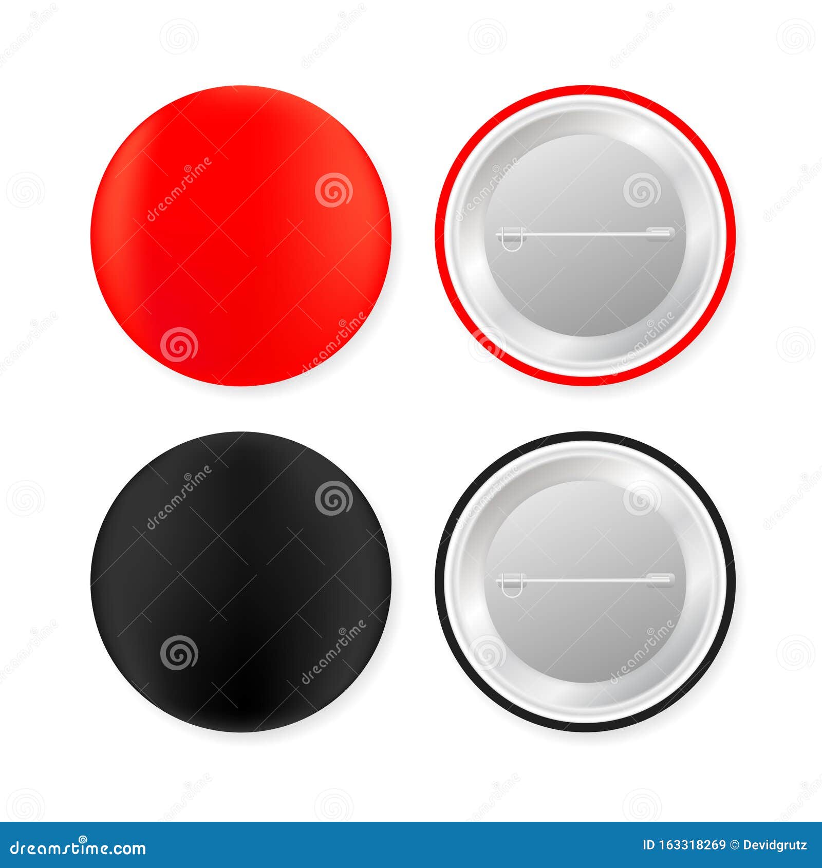 pin badges. red and black round blank button. souvenir magnet badging mockup.  stock 