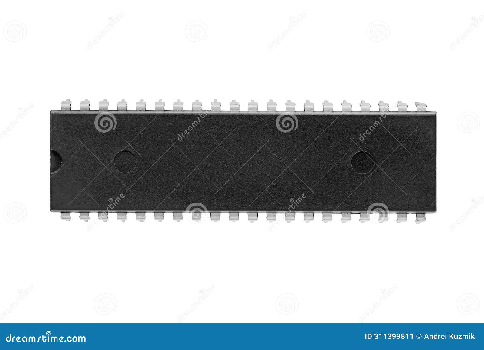 the 40-pin electronic integrated circuit or microchip is  on a white. dip package, which is a common type of electronic