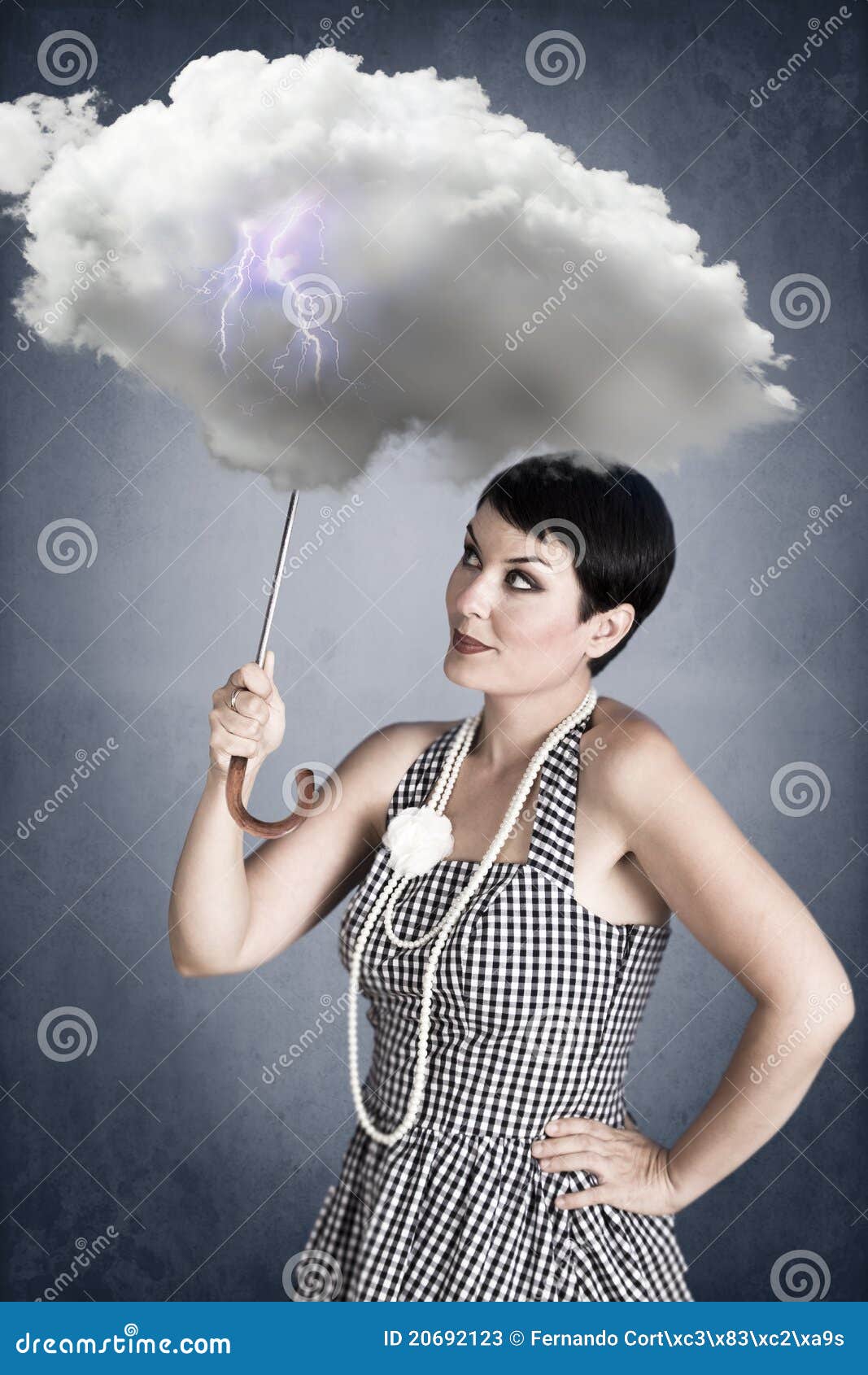Pinup Girl with Cloud Umbrella Under Storm Stock Image Image of girl