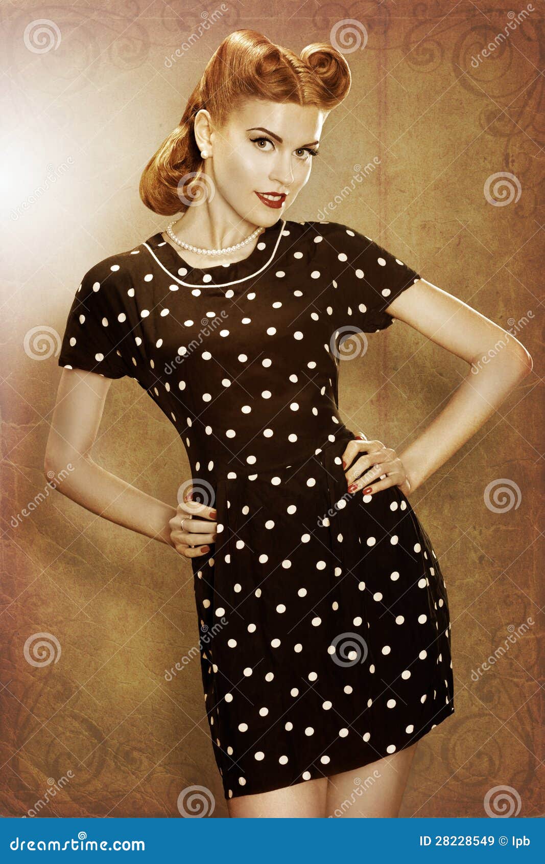 Pin-Up Retro Girl in Classic Fashion Polka Dots Dress Posing Stock Image -  Image of american, classic: 28228549