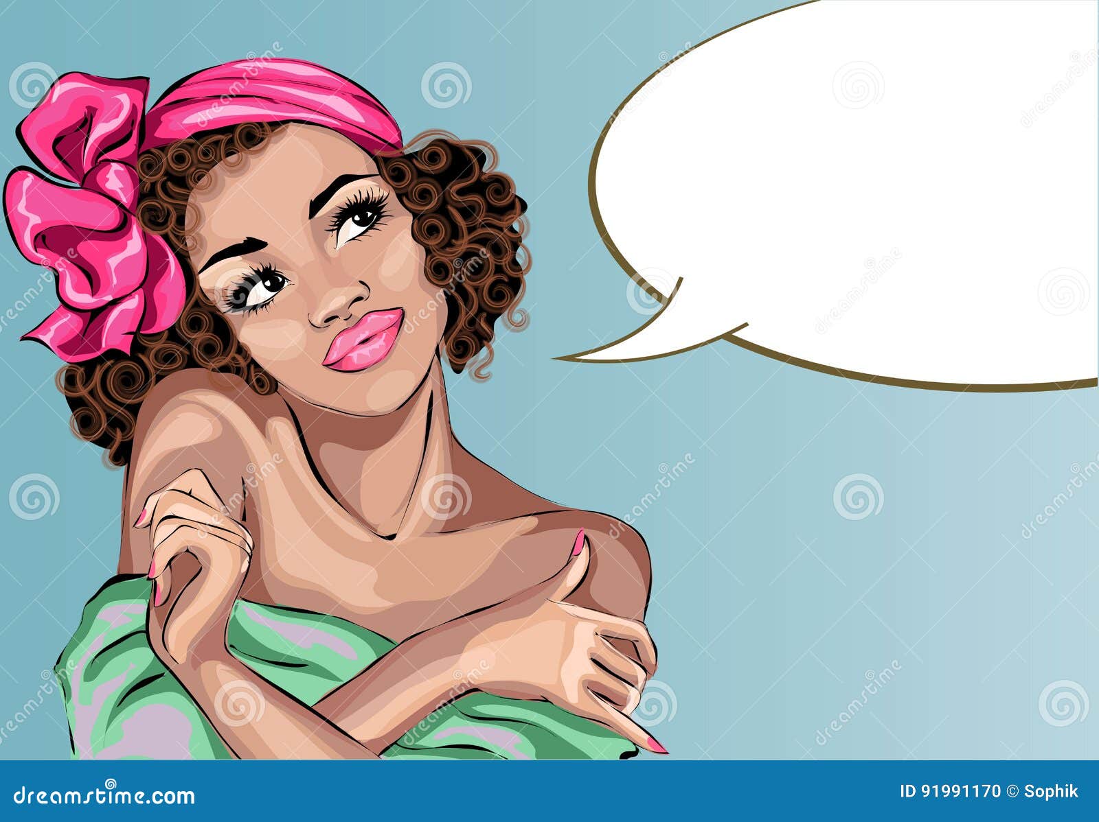 pin up style dreaming woman portrait with speech bubble, pop art girl looking up face,