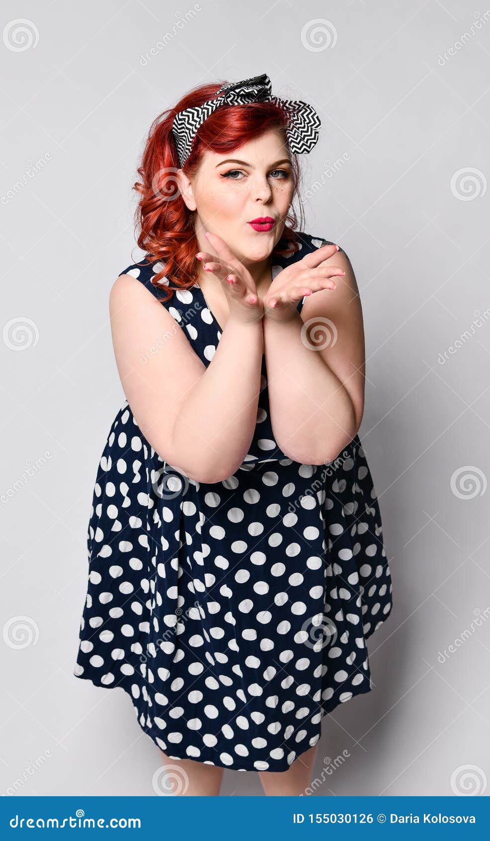Pin Up Woman Portrait Beautiful Retro Female In Polka Dot Dress