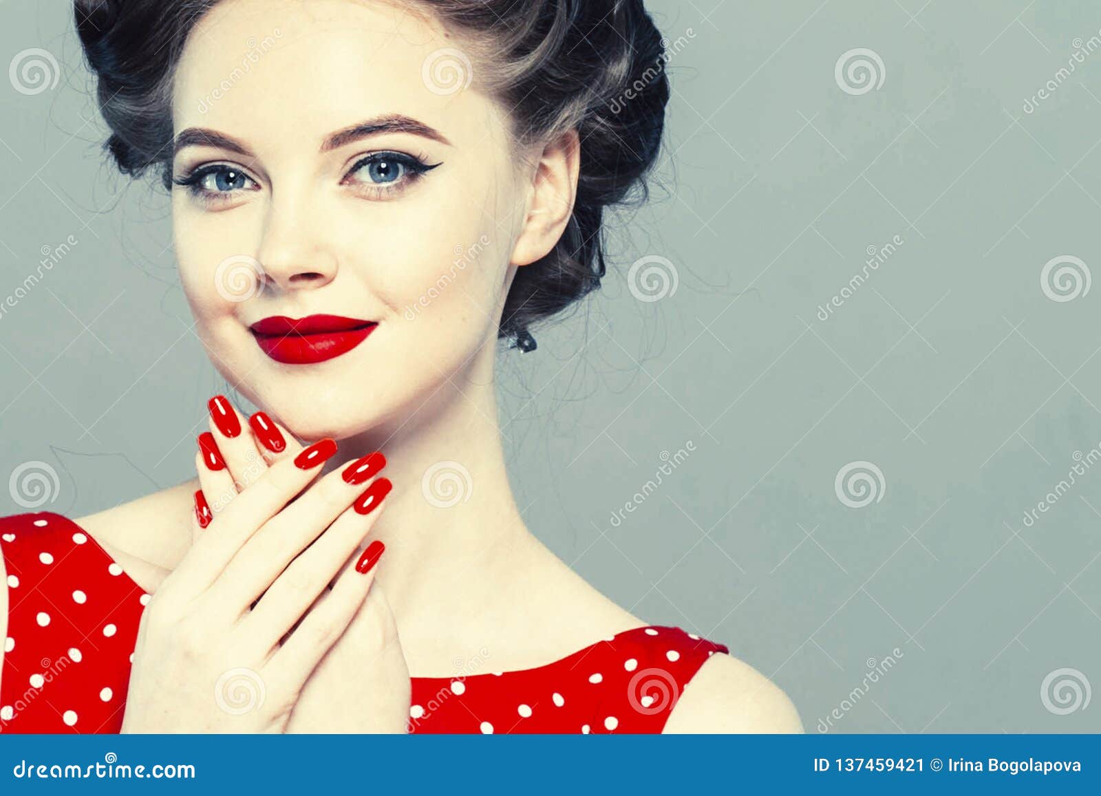 Pin Up Woman Portrait Beautiful Retro Female In Polka Dot Dress With Red Lips Stock Image