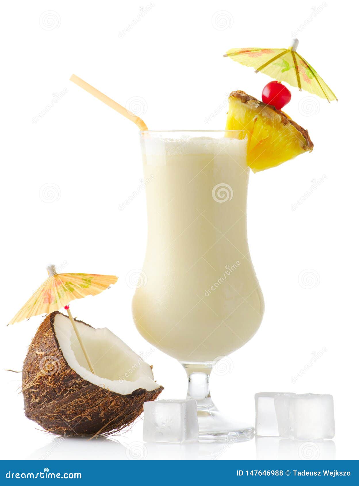 Pina Colada Cocktail With Coconut And Ice Cubes Isolated On White Stock Photo Image Of Straw Food 147646988