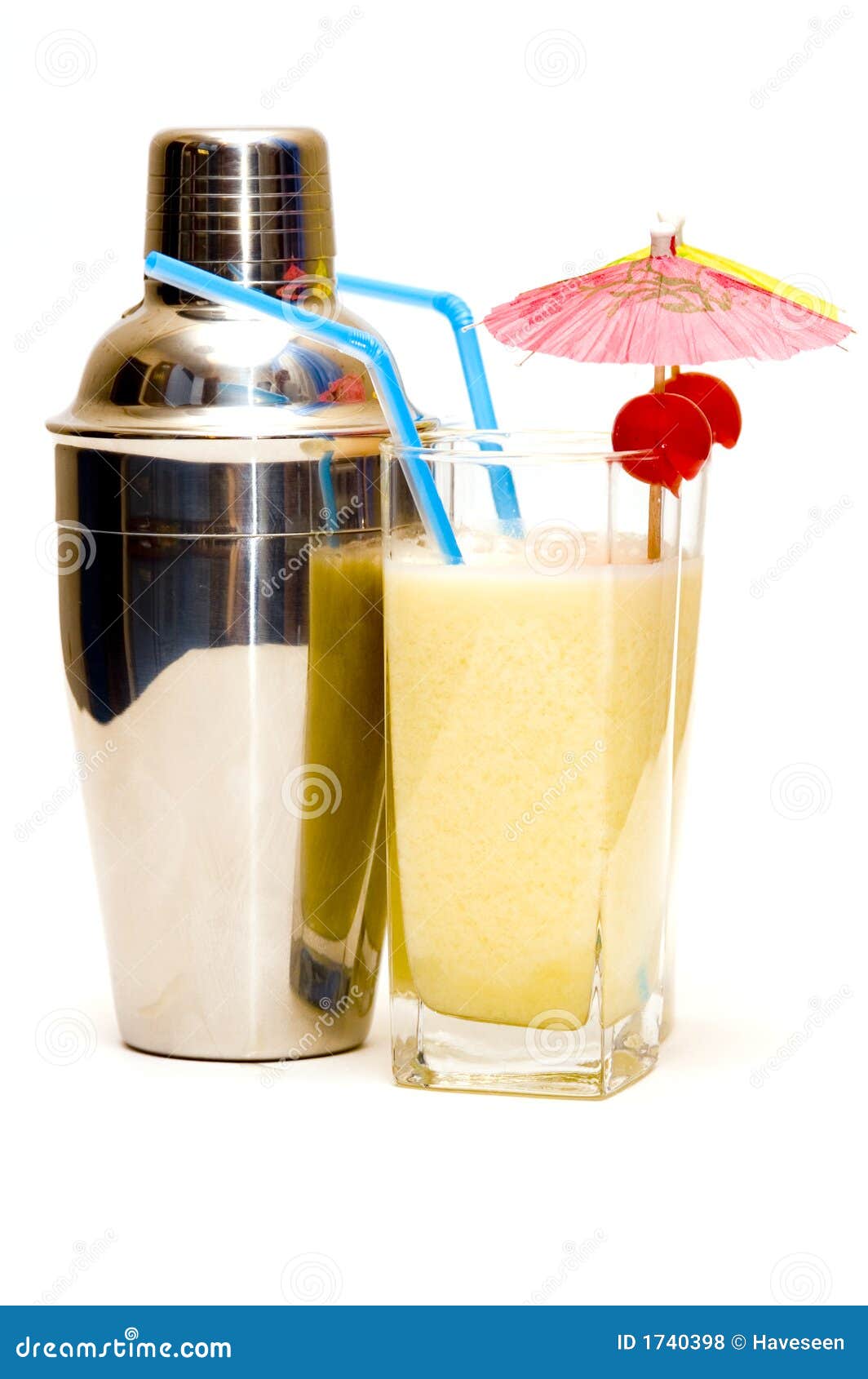 Pina Colada Cocktail With Umbrella & Shaker Stock Photo Image of