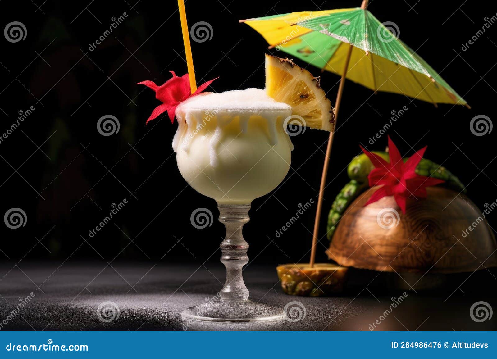 Pina Colada Garnished with Pineapple Slice and Mini Umbrella Stock