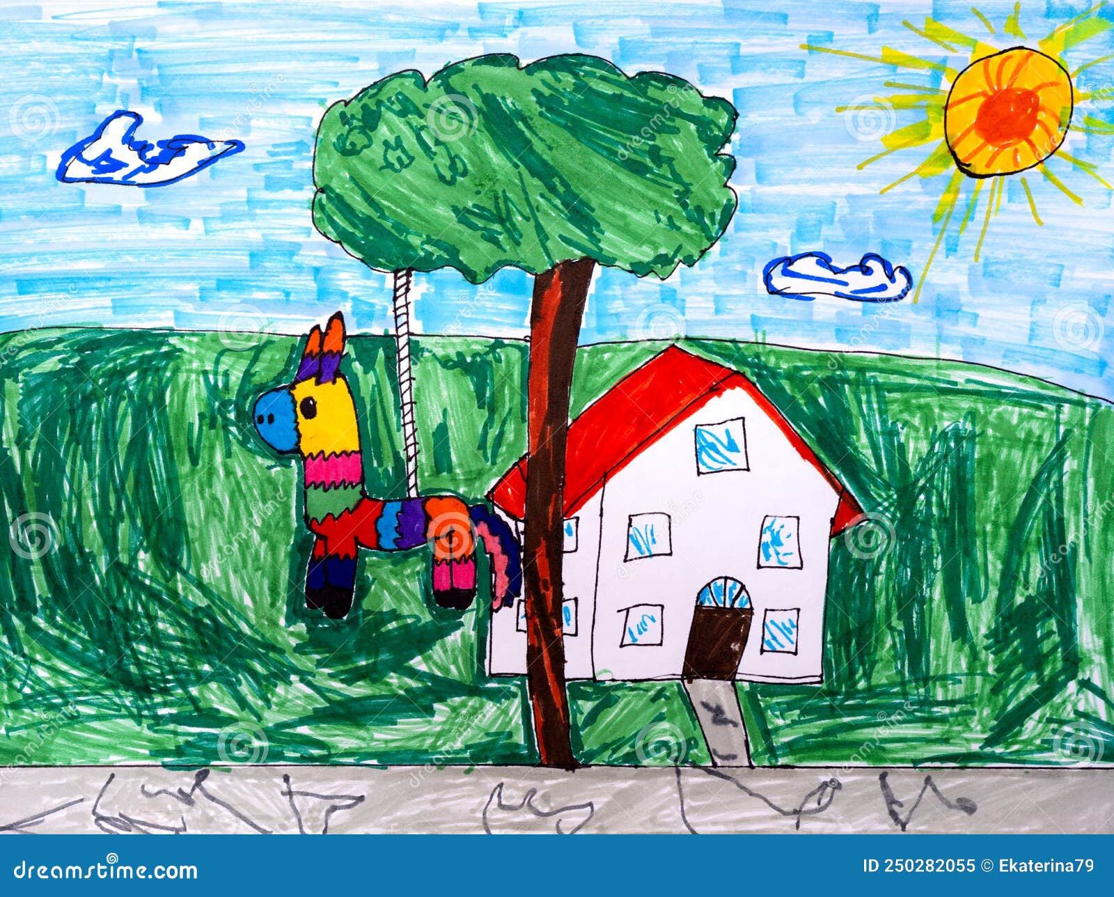A Pinata Hanging of a Tree in Front of a White House. a Child Hand Drawing  that Was Made Using Felt Pens Stock Image - Image of coloured, donkey:  250282055
