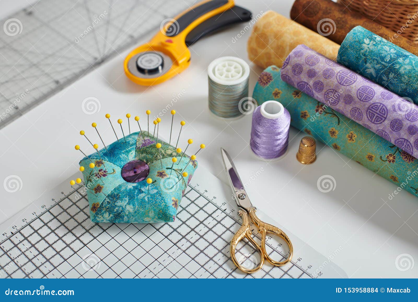 Pincushion, Craft Mat, Scissors, Rotary Cutter, Fabric Rolls, Sewing and Quilting  Accessories Stock Photo - Image of hobbies, material: 153958884