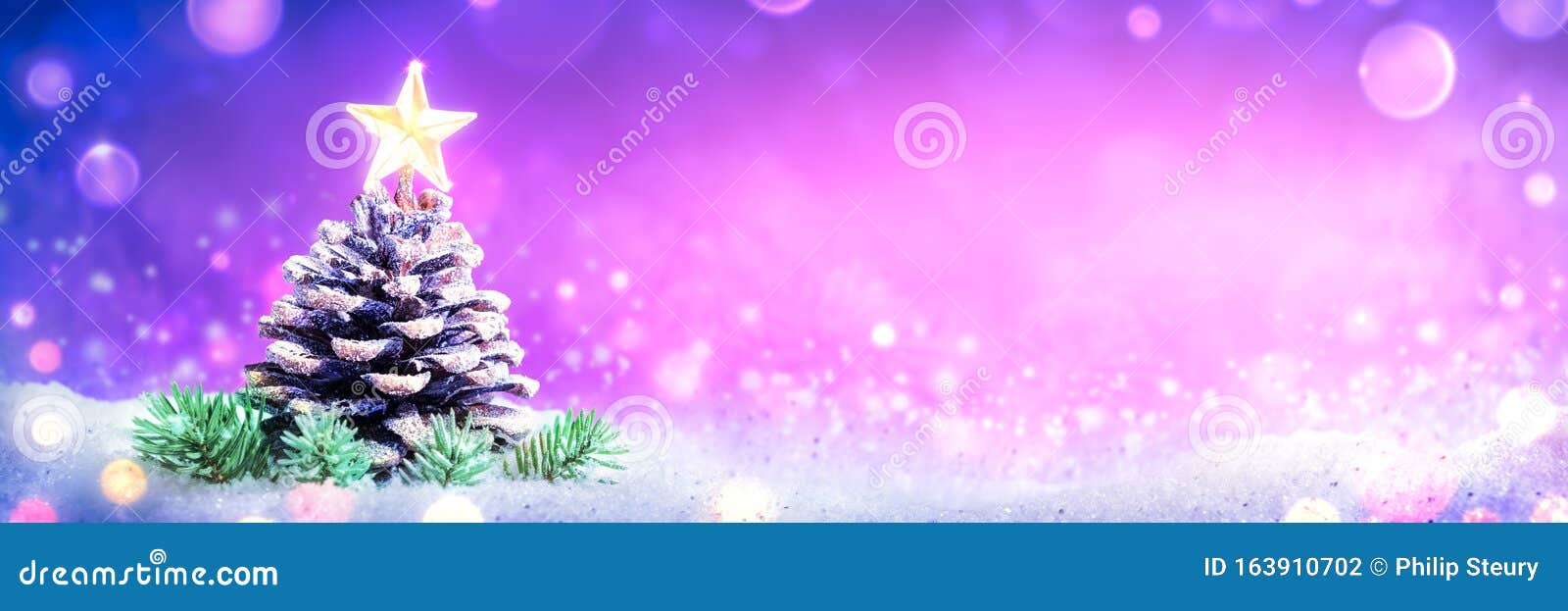 Pine Cone Decorated Like Xmas Tree On Snow With Bright Shining Star Stock Photo Image Of Shiny Banner