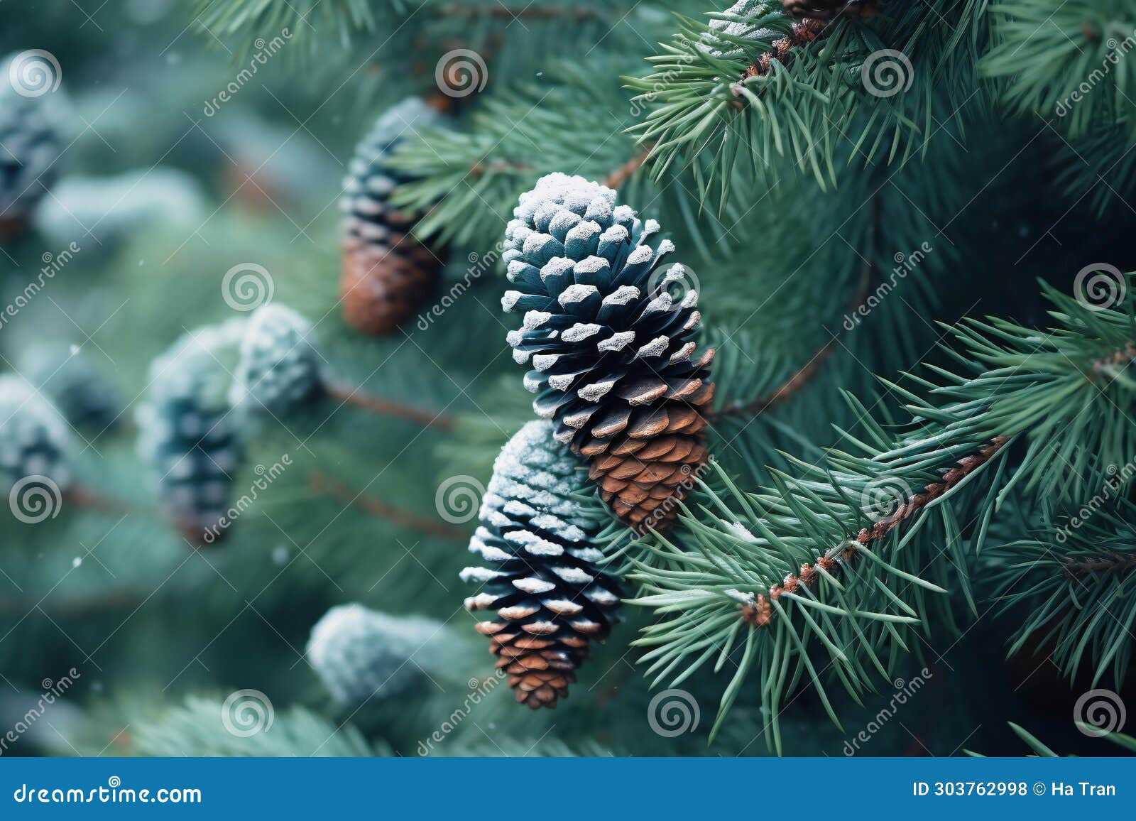 Pine Cones on the Branches of a Christmas Tree in the Snow Stock ...