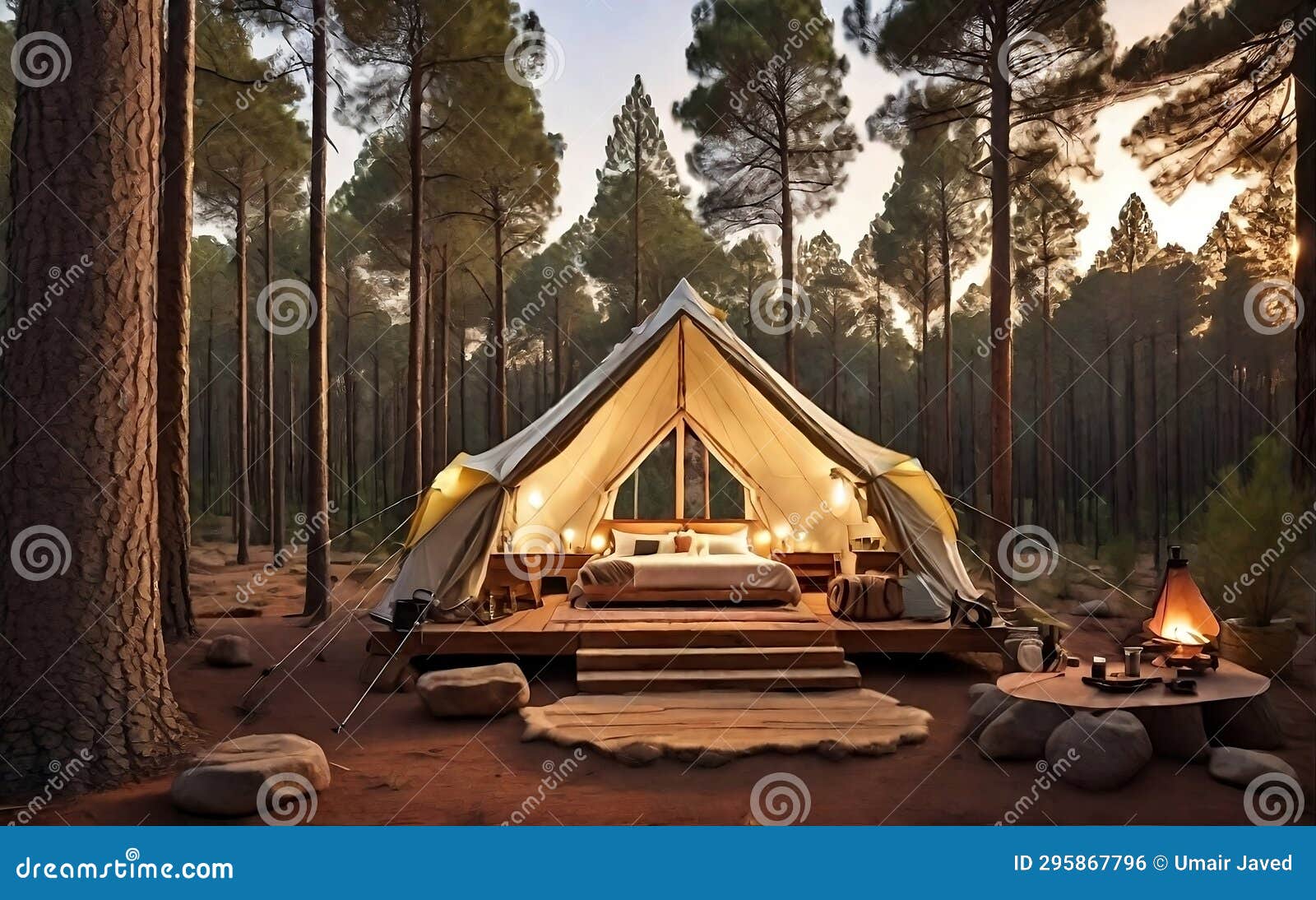 pine forest retreat as the sun sets, a cozy luxuries camping tent stands amidst a serene pine forest,
