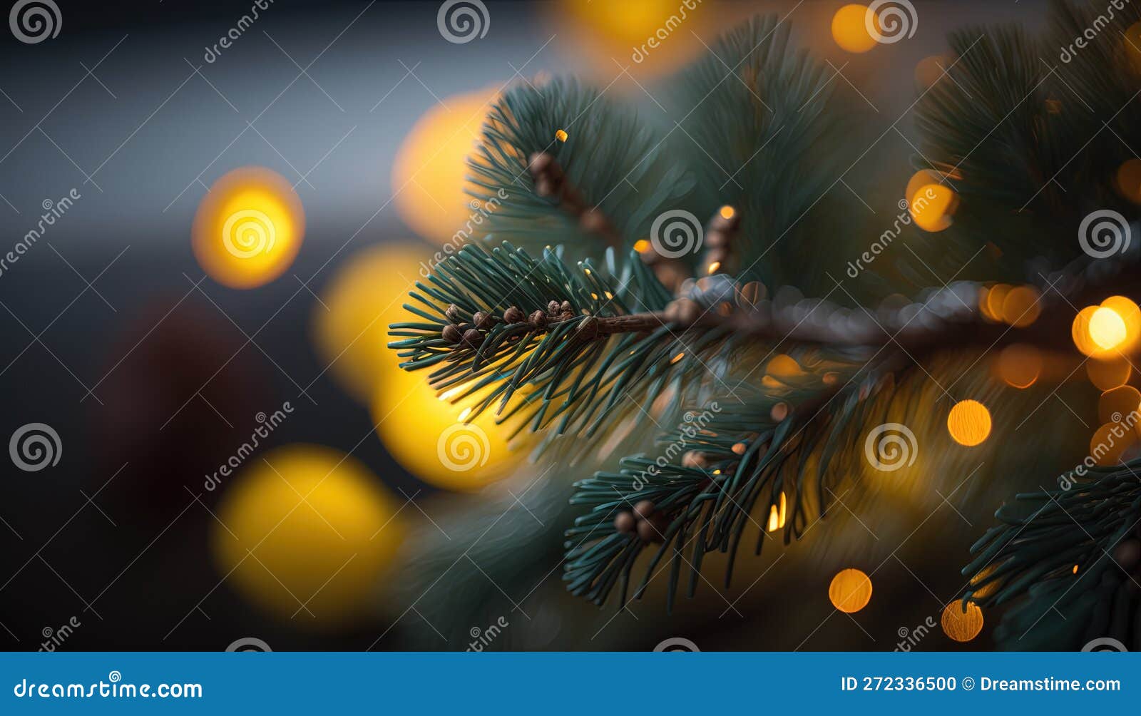 A Pine Tree with a Blurry Background of Christmas Lights Stock