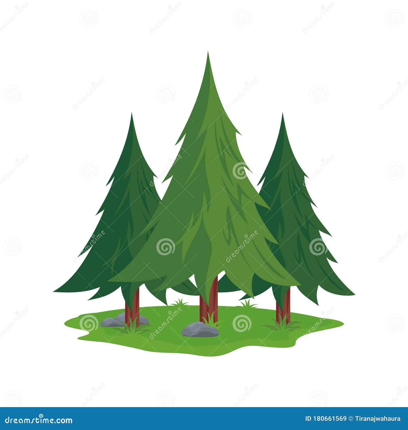 Pine Tree Vector Illustration with Stone, Grass Flat Cartoon Design. Stock  Vector - Illustration of forest, decoration: 180661569