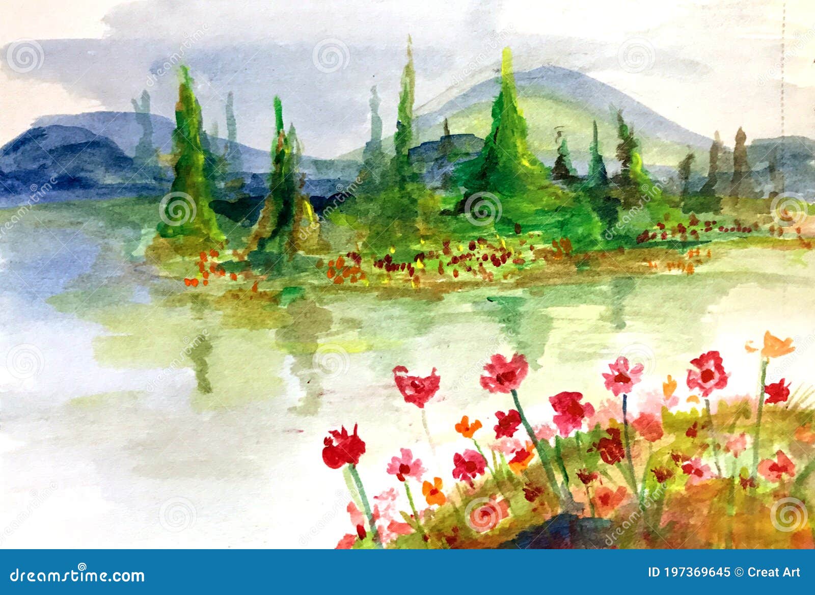 Pine Trees River and Flowers Beautiful Nature Landscape Water ...