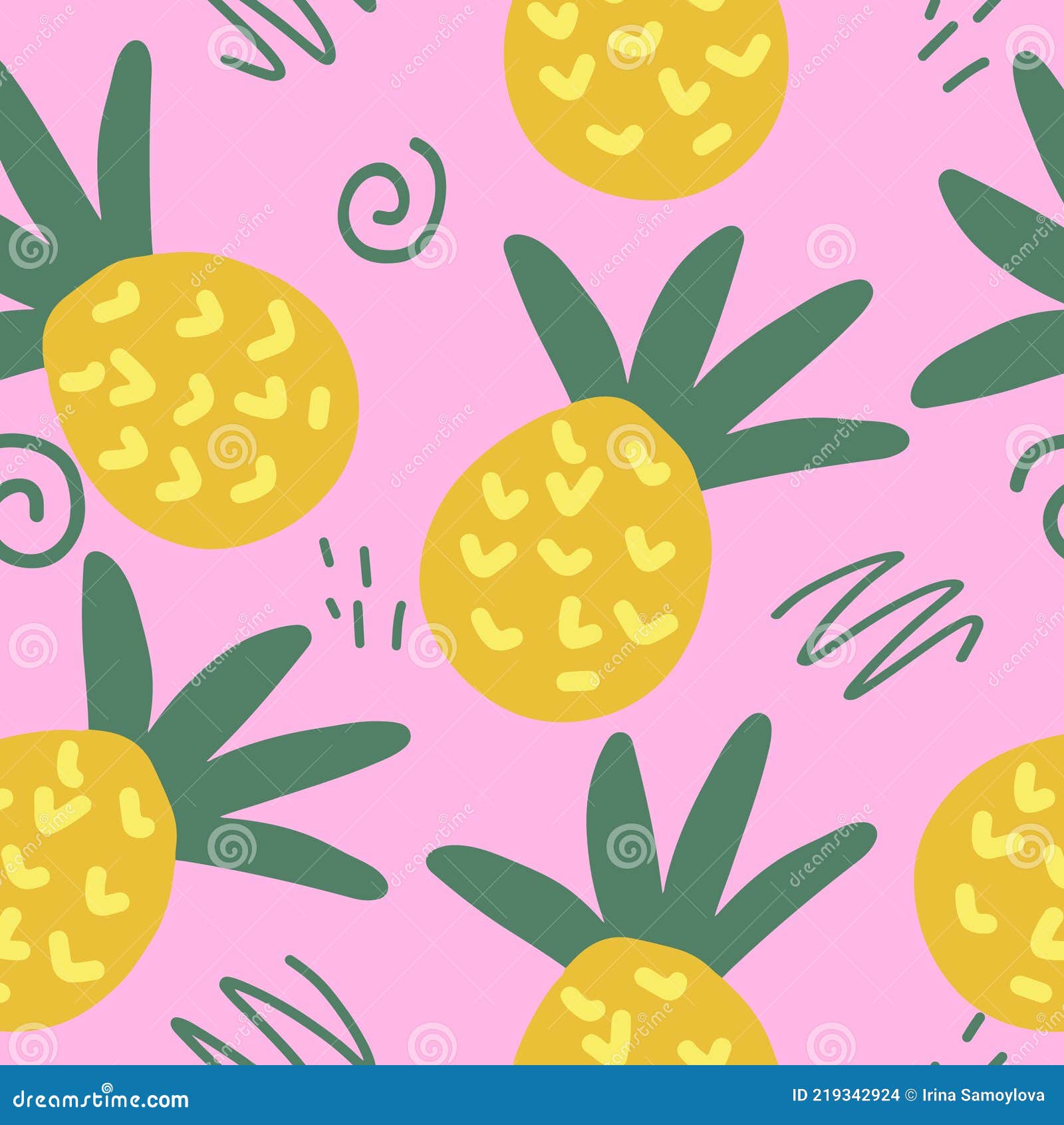 Pineapple and Doodles Seamless Pattern. Hand Drawn Stock Illustration