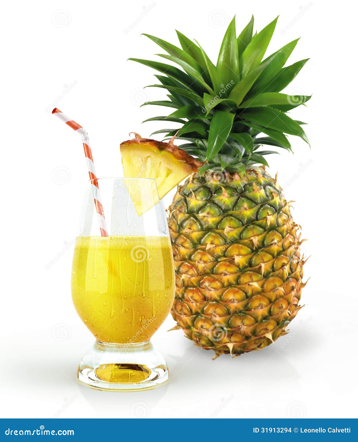 Pineapple and Drink Glass, with a Fruit Chunk and Straw. Stock Photo