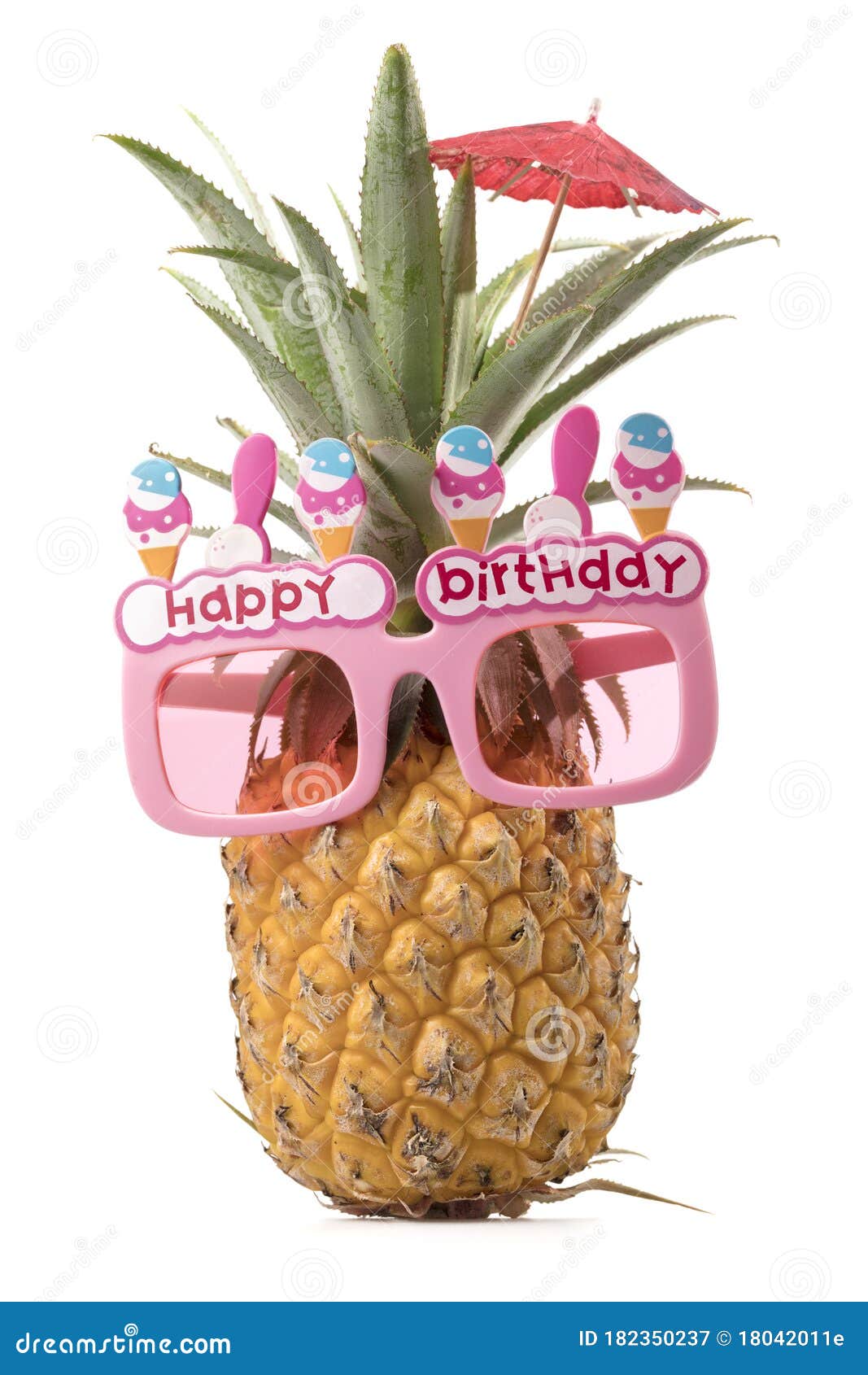 Pineapple with Happy Birthday Sunglasses Isolated on White Background