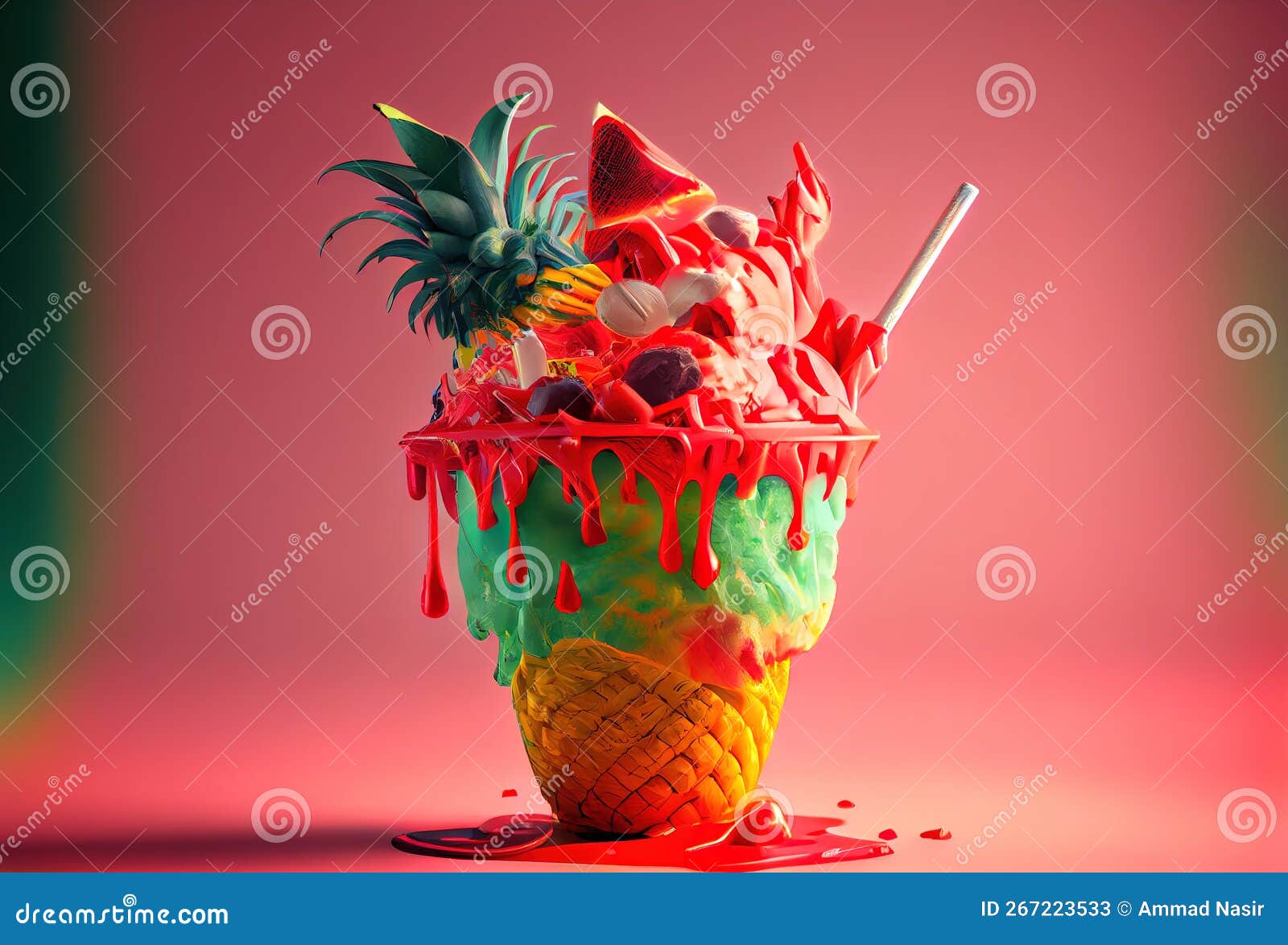 Pineapple Ice Cream with Cone and Straw, Generative Ai Stock