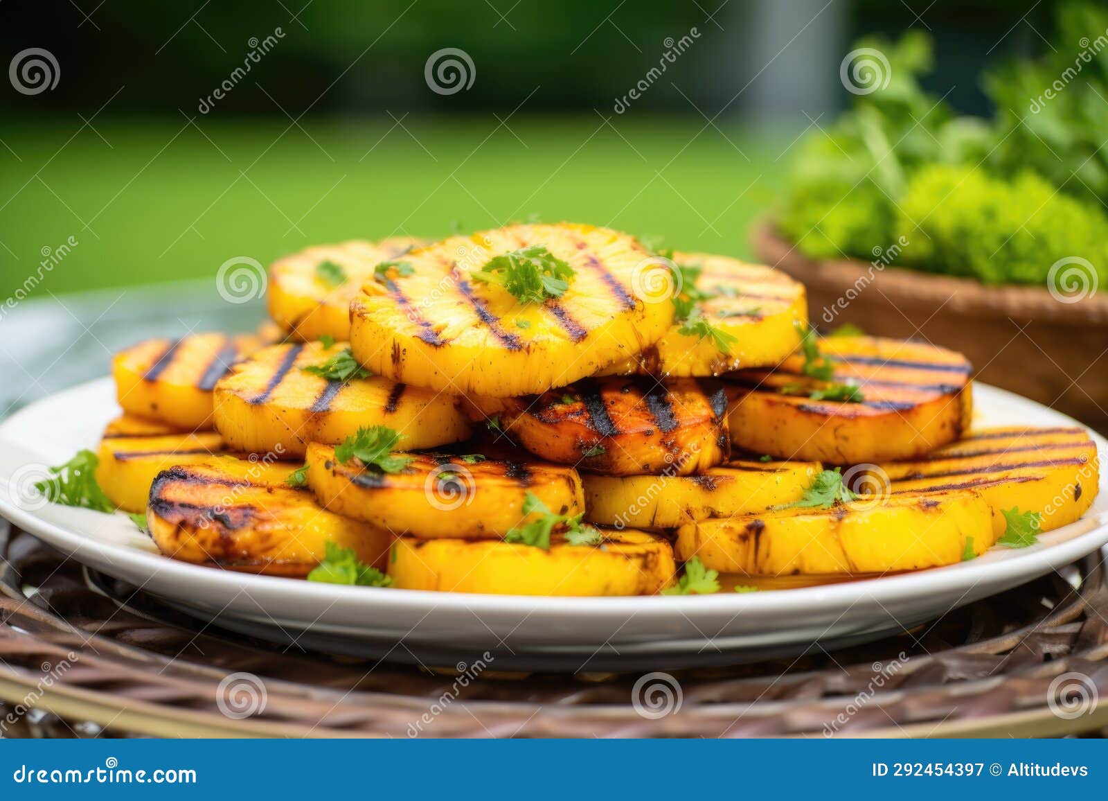Pineapple and Mango Bbq Grilled Plantains in a Tropical Setting Stock