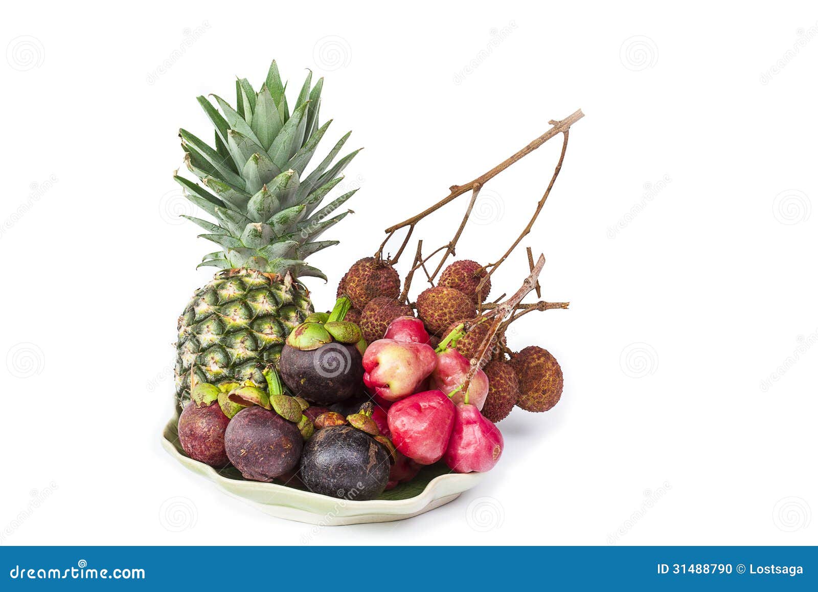 Pineapple, Mangosteen, Lychee on White Background Stock Photo Image