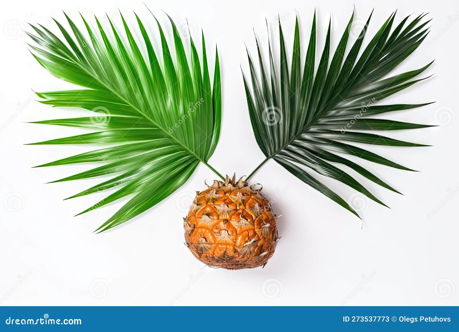 A Pineapple and a Palm Leaf on a White Background with Copy Up Space