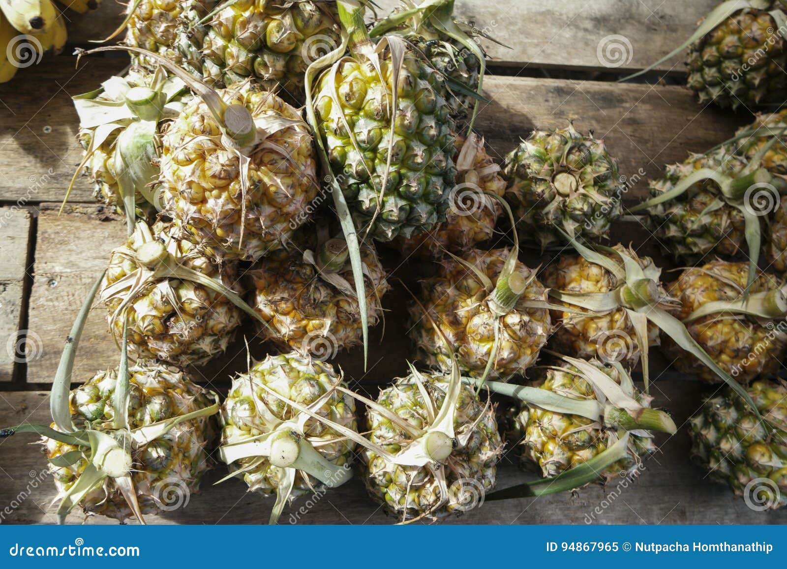 Pineapple for Sale in Market, Top View. Stock Image Image of bunch