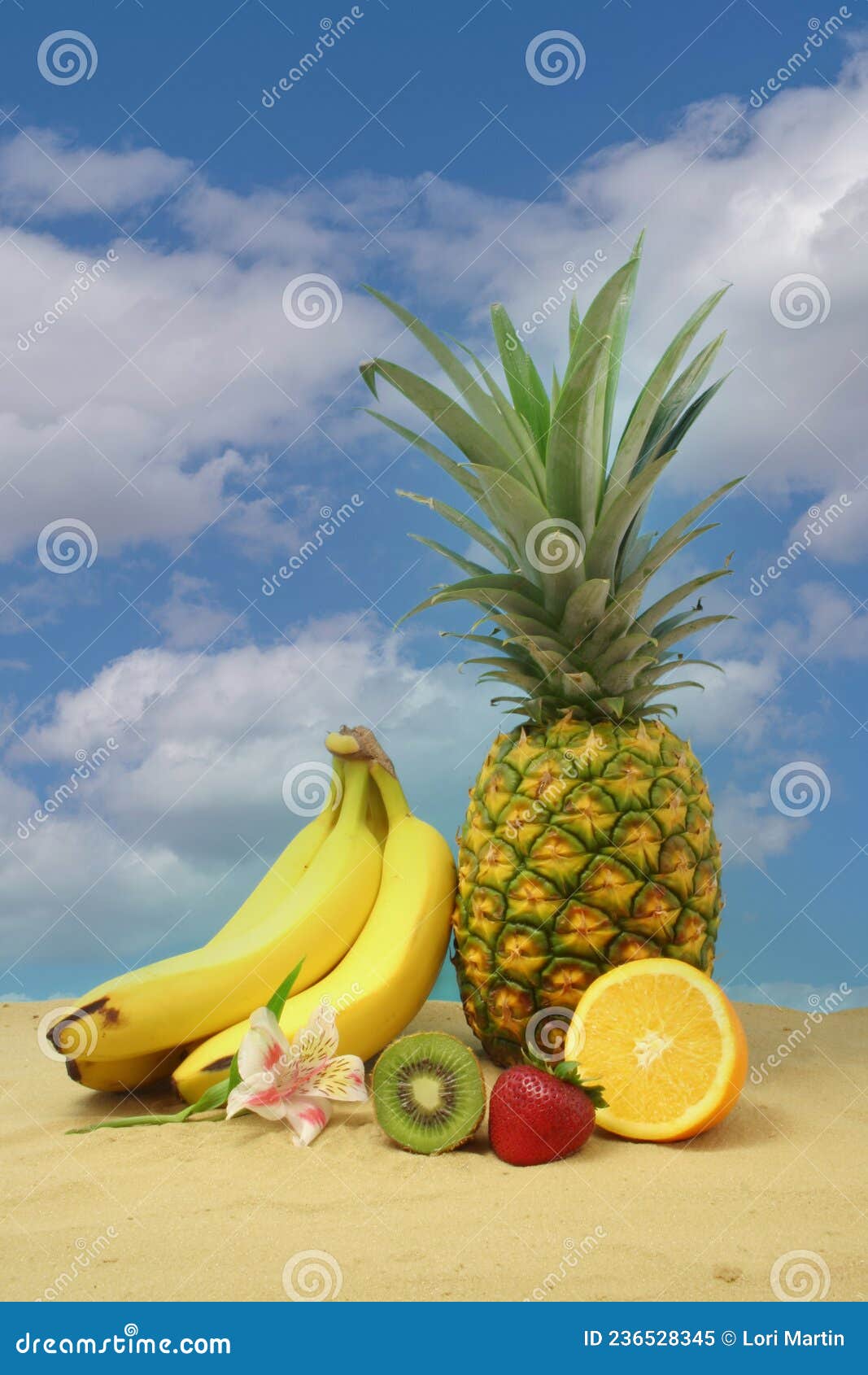 Pineapple, Tropical Drink and Fruit on Sand with Sky Stock Image