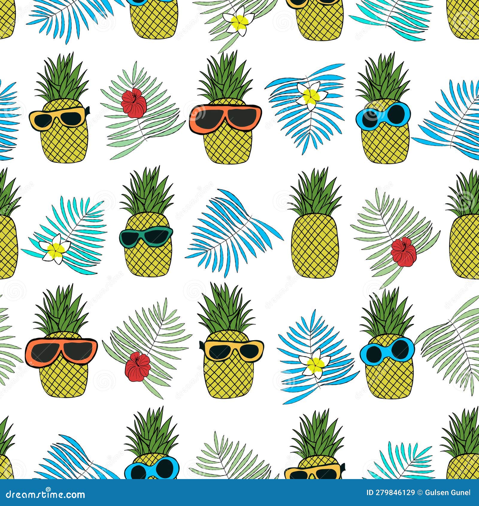 Pineapples with Tropical Leaves Summer Time Seamless Fabric Design