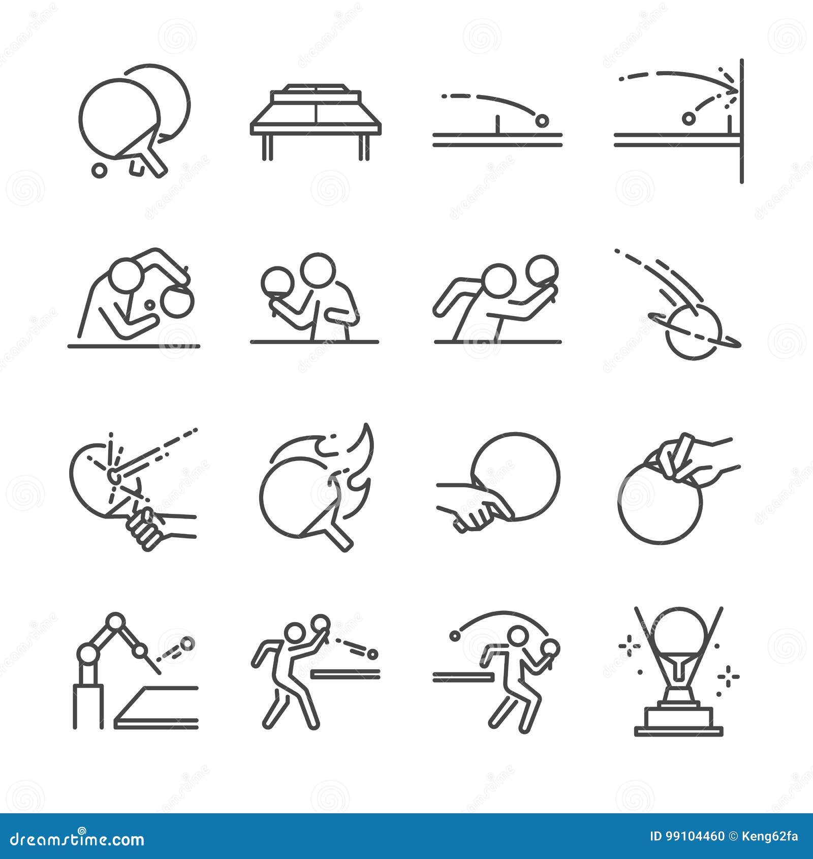 ping pong line icon set. included the icons as ball, racket, table tennis, player, serves, defender, table tennis and more.