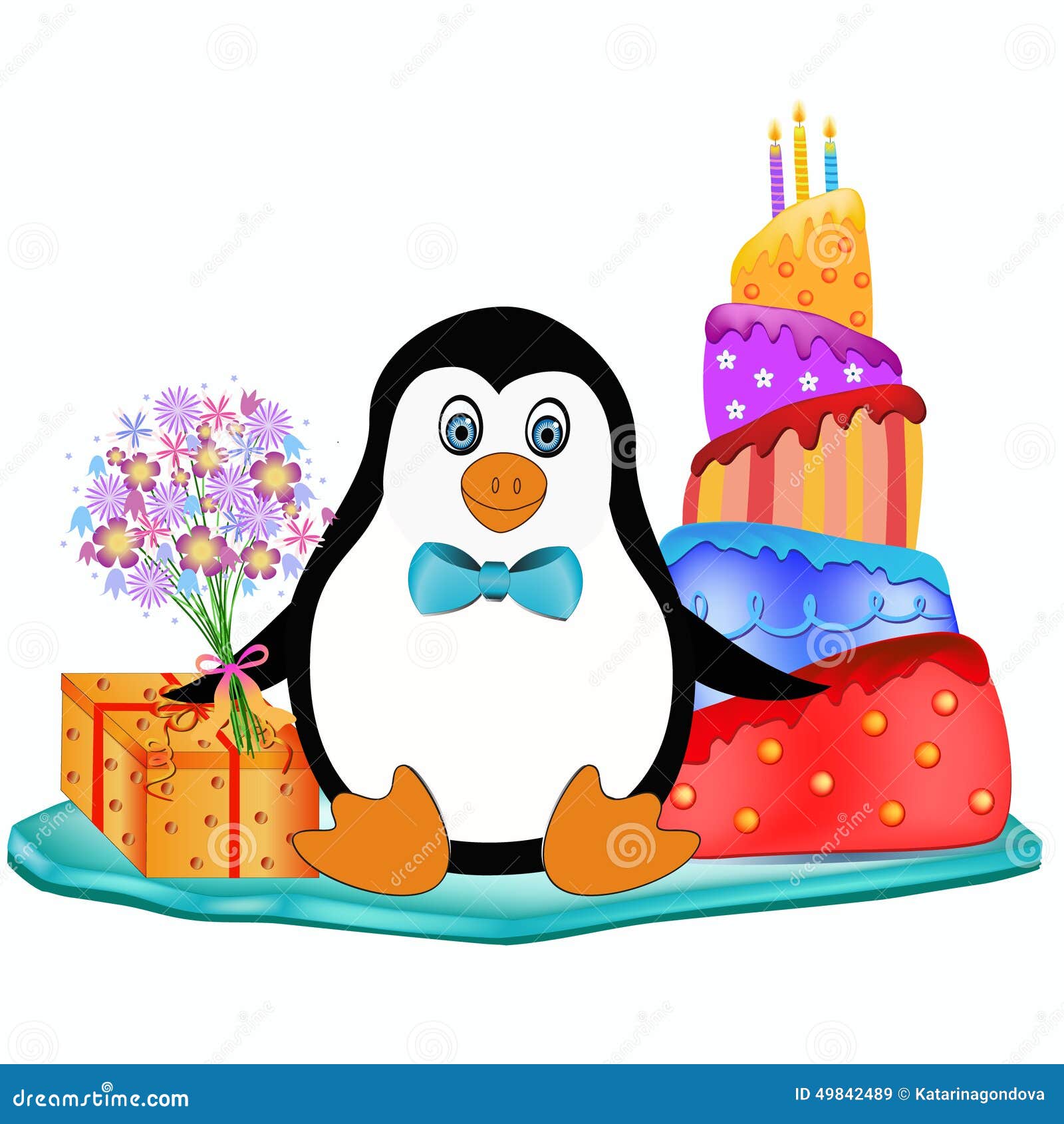 Pinguino Con Il Dolce I Fiori Ed Il Presente Illustrazione Vettoriale Illustrazione Di Penguin Compleanno