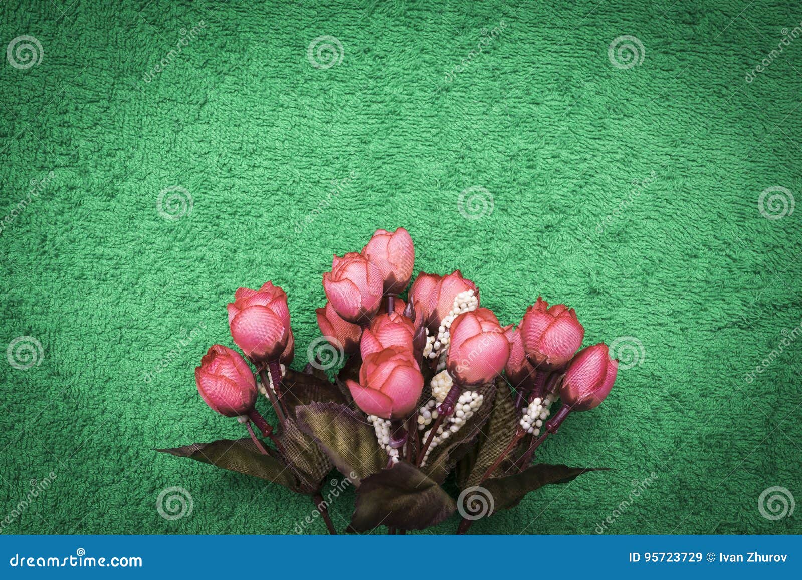 Pink Artificial Flowers On A Green Emerald Background Stock Illustration Illustration Of Happy Bunch 95723729