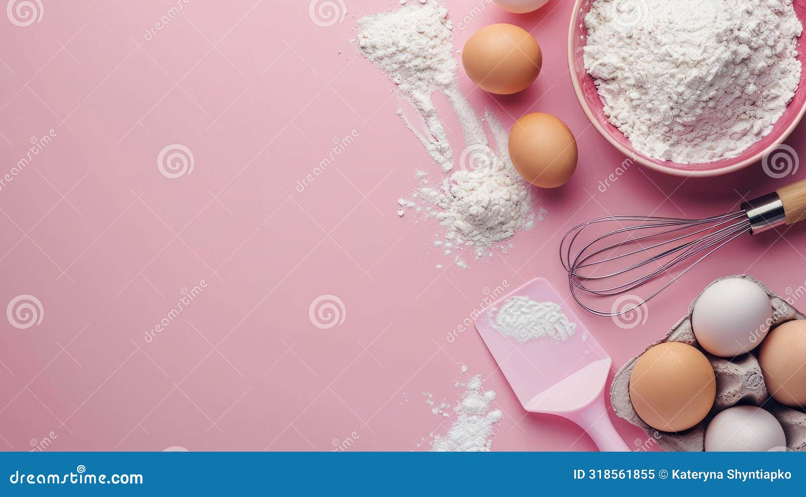 pink background for baking, flour, eggs, whisk, cake spatula. empty space