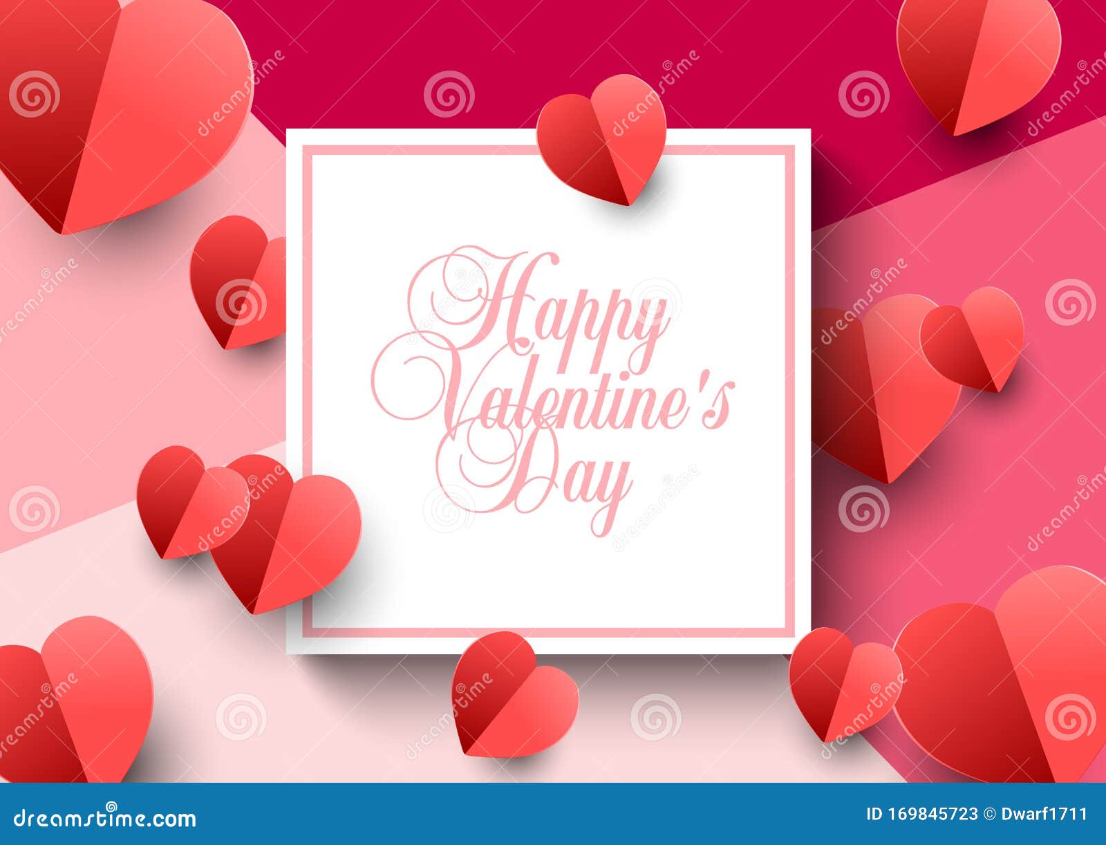 Pink background with 3D paper red hearts and Happy Valentines Day handwritten text in square frame. Vector banner, flyer, poster, voucher, greeting or invitation card template. 