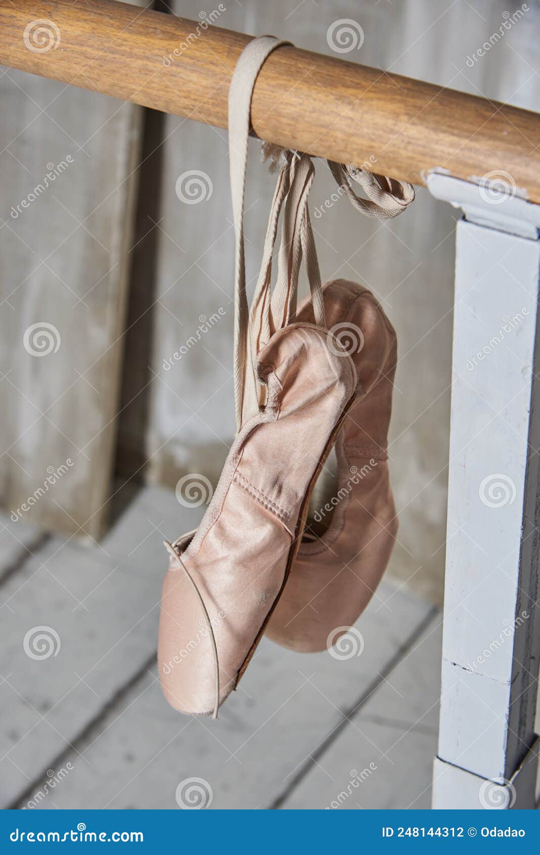Pink Ballet Shoes at Bar in Ballet Class . Stock Photo Image of