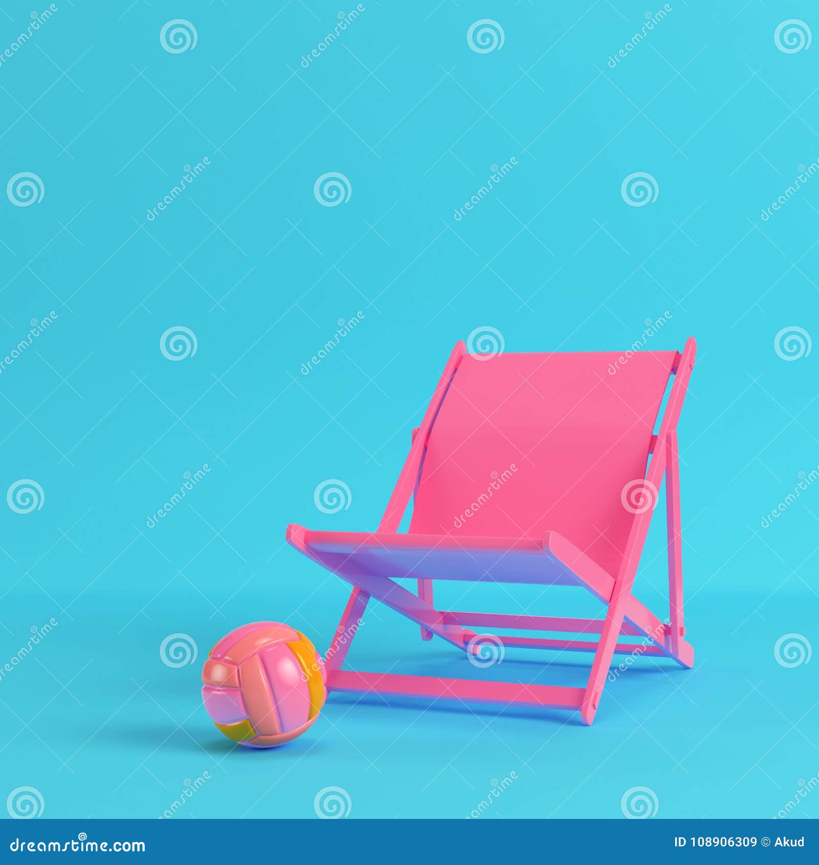 Pink Beach Chair With Volleyball Ball On Bright Blue