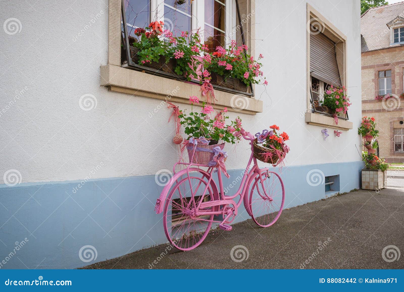 Pink Bicycle with Flower Baskets on Street Stock Photo Image of
