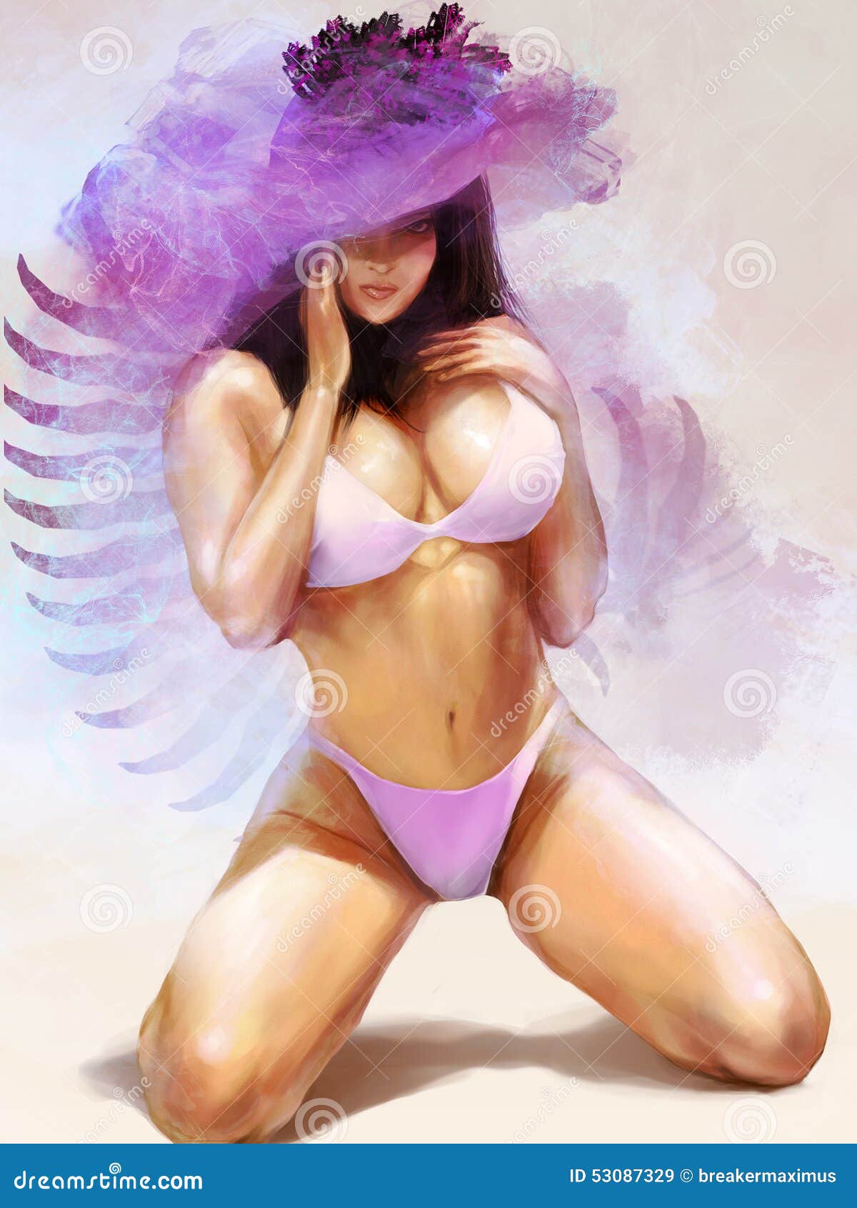 Pink Bikini Woman Sitting Pose Anime Style Stock Illustration