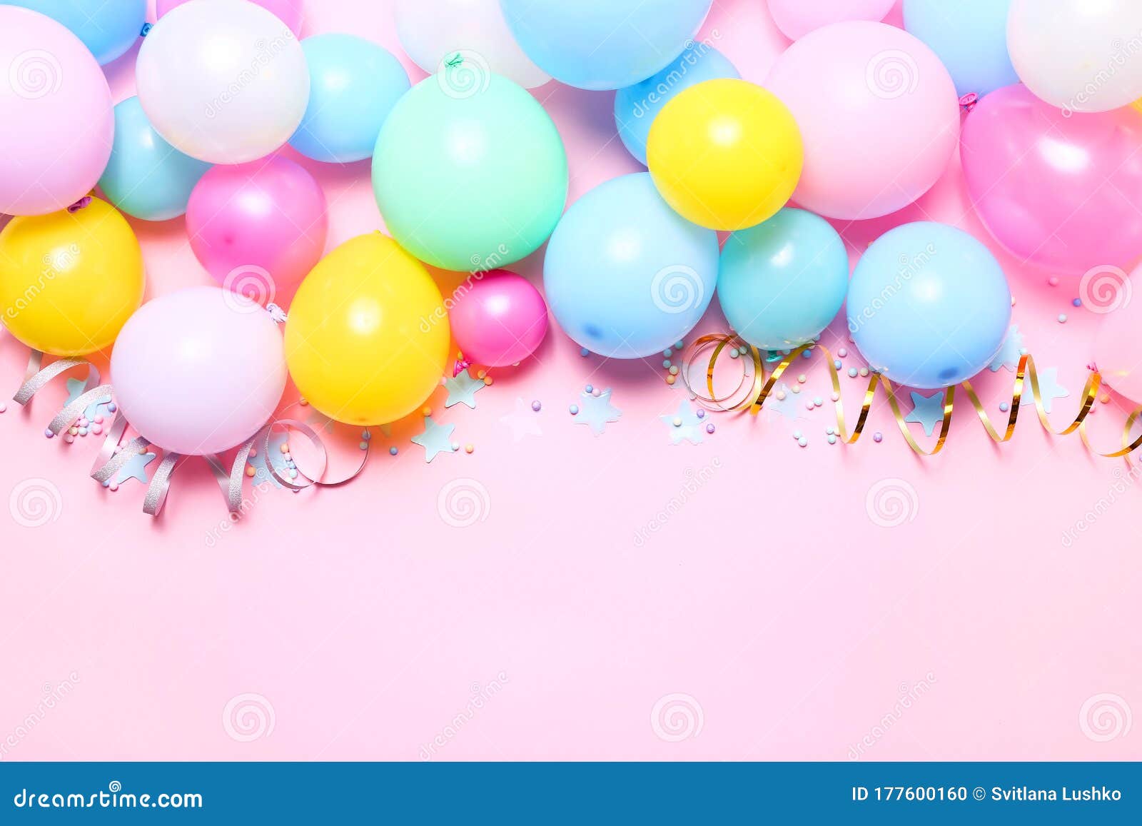 Pink Birthday Background with Balloons, Confetti and Streamers, Top View  Stock Photo - Image of female, frame: 177600160