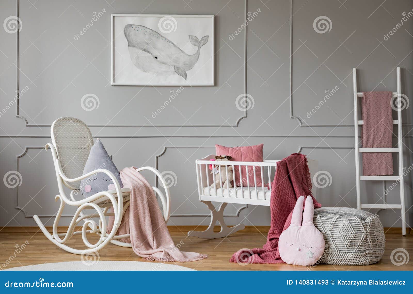 Pink Blanket On Rocking Chair Next To Cradle In Grey Kid S Bedroom