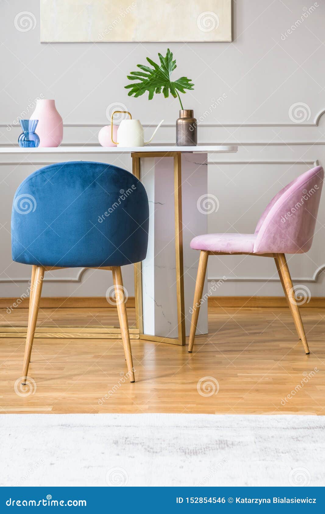 Pink and Blue Arrangement in Dining Room Stock Photo - Image of